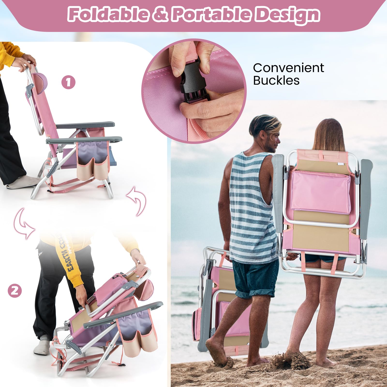 Backpack Beach Chairs, 4 Pcs Portable Camping Chairs with Cool Bag and Cup Holder