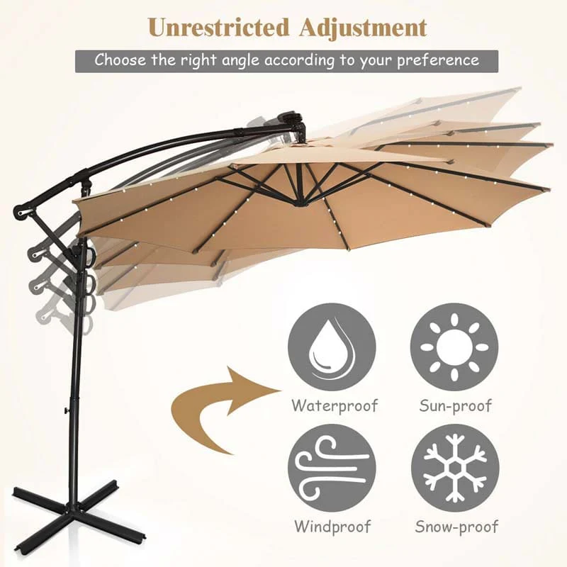 10 FT Patio Offset Umbrella with Solar Lights 360�� Rotation Outdoor Market Umbrella with Crank Handle & Cross Base