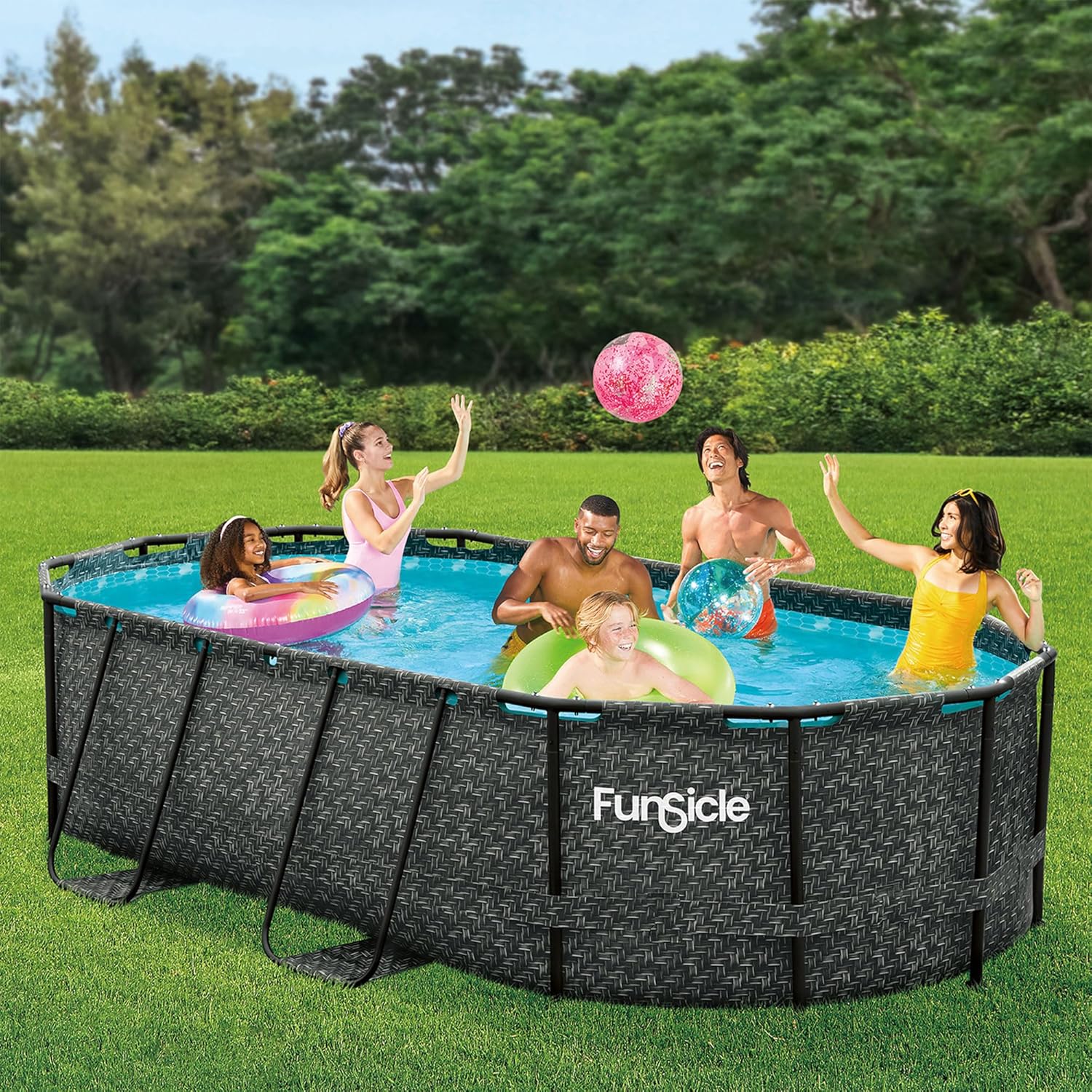 Funsicle 167 by 98 by 39.5 Inches Oasis Designer Oval Frame Outdoor Above Ground Swimming Pool Pool Set with Accessories, Dark Herringbone Gray