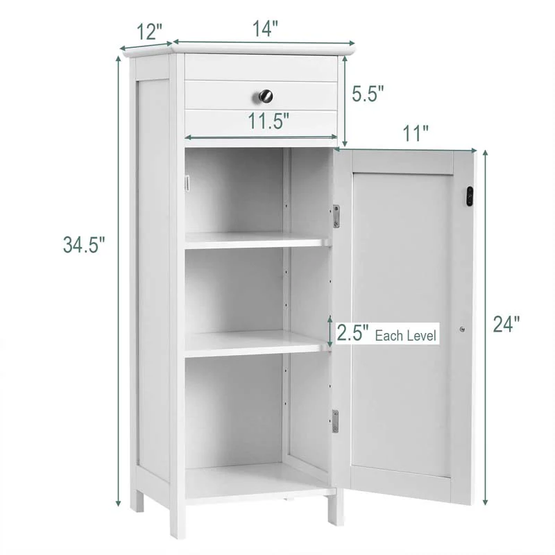 Free-Standing Wooden Floor Storage Cabinet w/Large Drawer & 2 Adjustable Shelves, Morden Side Storage Bathroom Organizer Cabinet