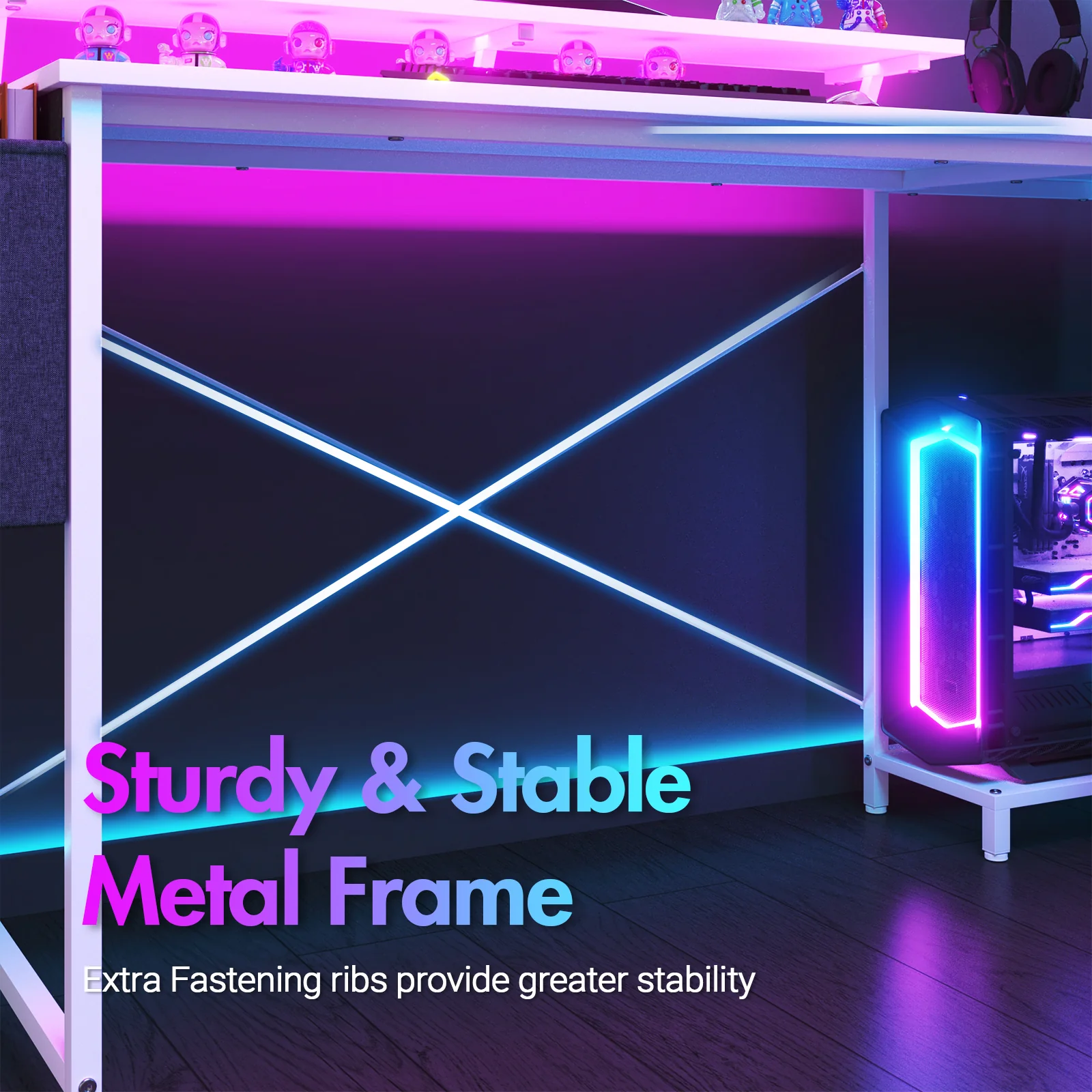 L Shaped Gaming Desk with LED Lights White