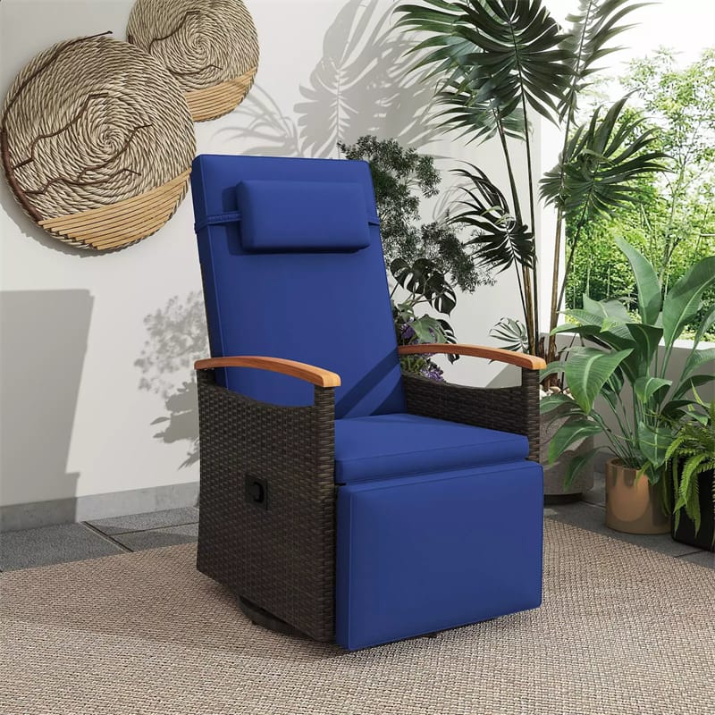 Outdoor 360?? Swivel Rattan Recliner Chair with Adjustable Backrest & Footrest, Patio Wicker Chaise Lounge Chair with Flip Side Table & Cushion