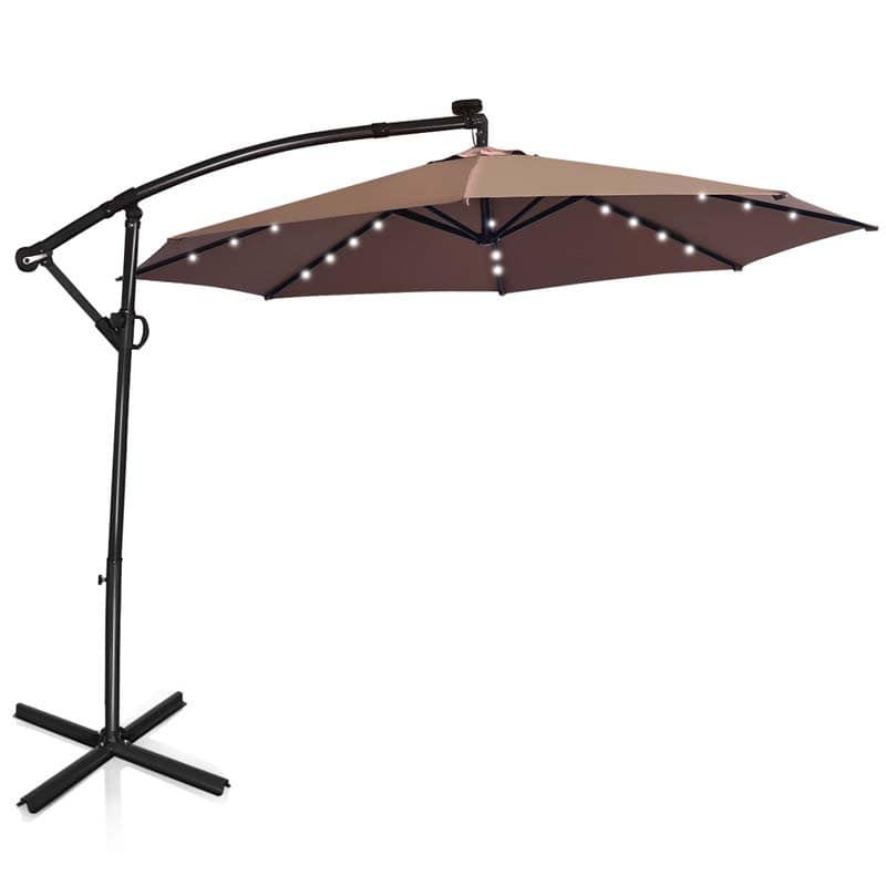 10 FT Patio Offset Umbrella with Solar Lights 360�� Rotation Outdoor Market Umbrella with Crank Handle & Cross Base