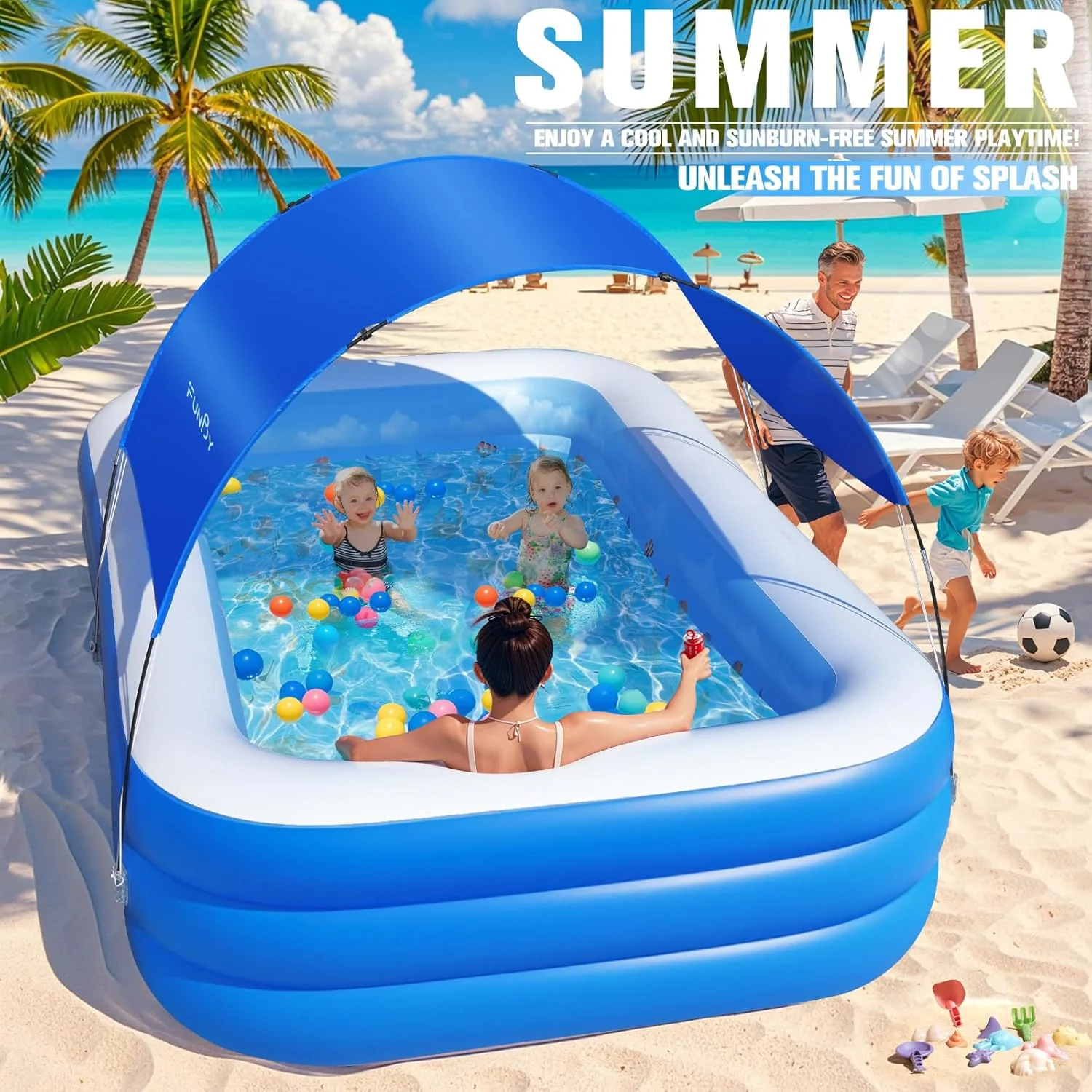 Inflatable Pool with Canopy,Upgraded Inflatable Swimming Pool for Kids,Adult,Large Inflatable Blow up Pools,Ocean Theme Oversized Thickened 105