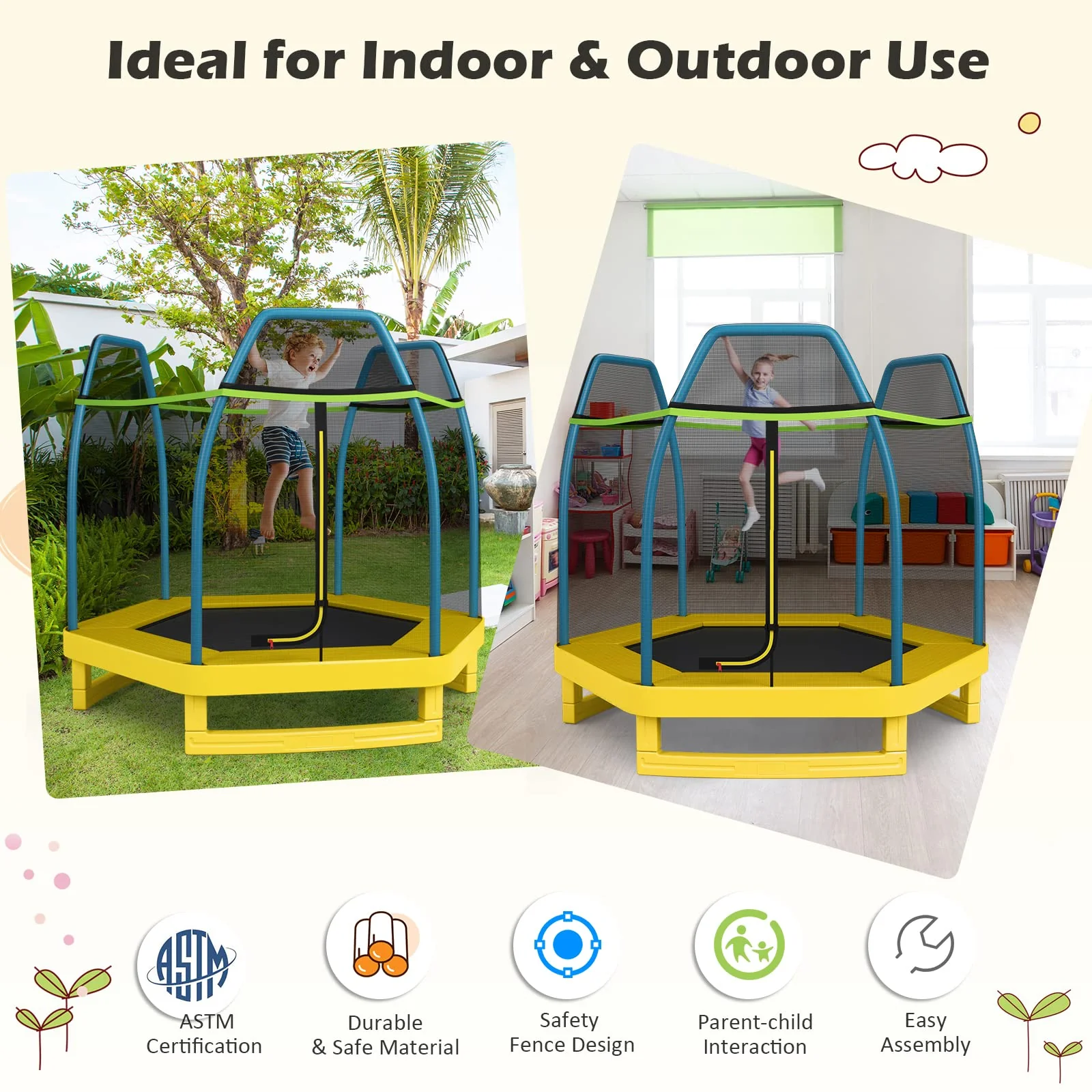 7FT Kids Trampoline with Safety Enclosure Net