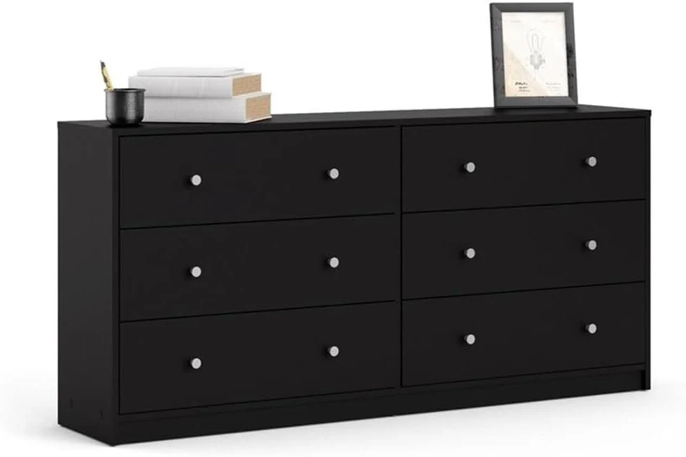 3-Pc Scandinavian Design Engineered Wood Bedroom Furniture Set with 3-Drawer Chest & 6-Drawer Double Dresser & 1-Drawer Nightstand, Pewter Plastic Handles, Smooth Plastic Glides, in Black