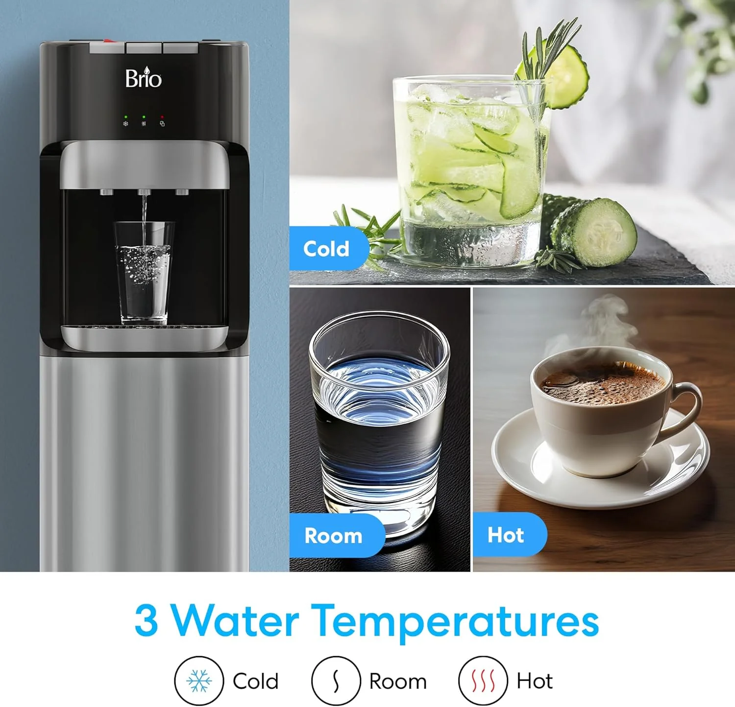 Bottom Loading Water Cooler Dispenser for 5 Gallon Bottles - 3 Temperatures with Hot, Room & Cold Spouts, Child Safety Lock, LED Display with Empty Bottle Alert, Stainless Steel