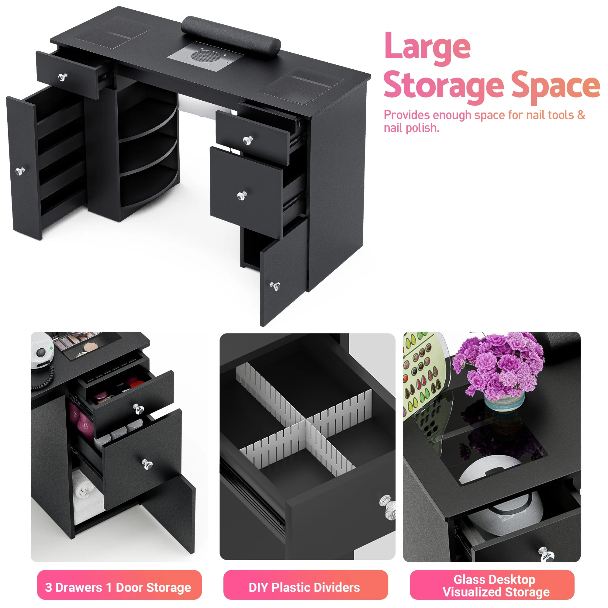 Manicure Table Glass Top w/Dust Collector