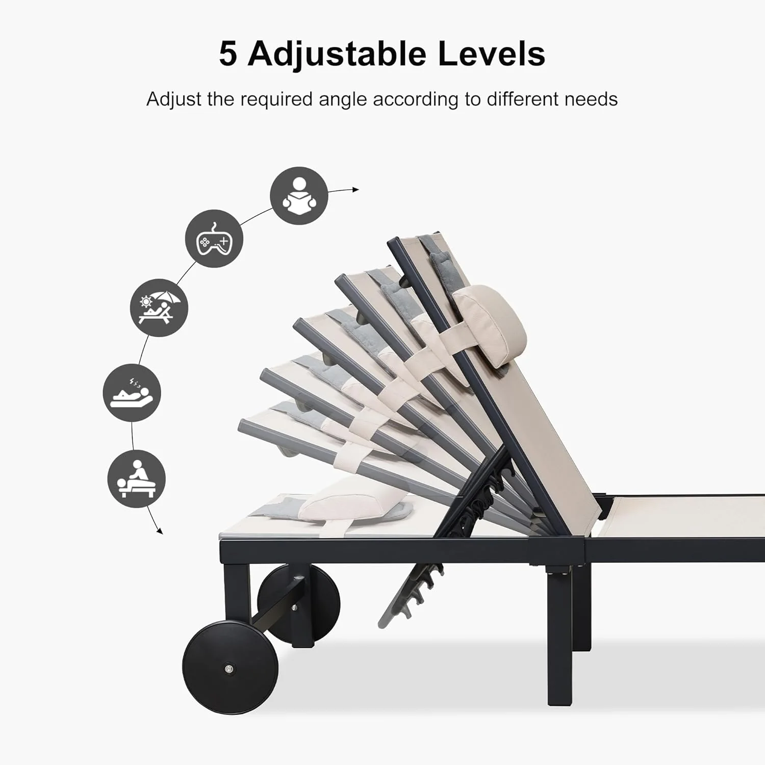 PURPLE LEAF Patio Tanning Lounge Chair Set with Face Down Hole Outdoor Aluminum Adjustable Reclining Chairs Wheels Pillows and Table for Poolside Beach Sunbathing Lounger, Beige