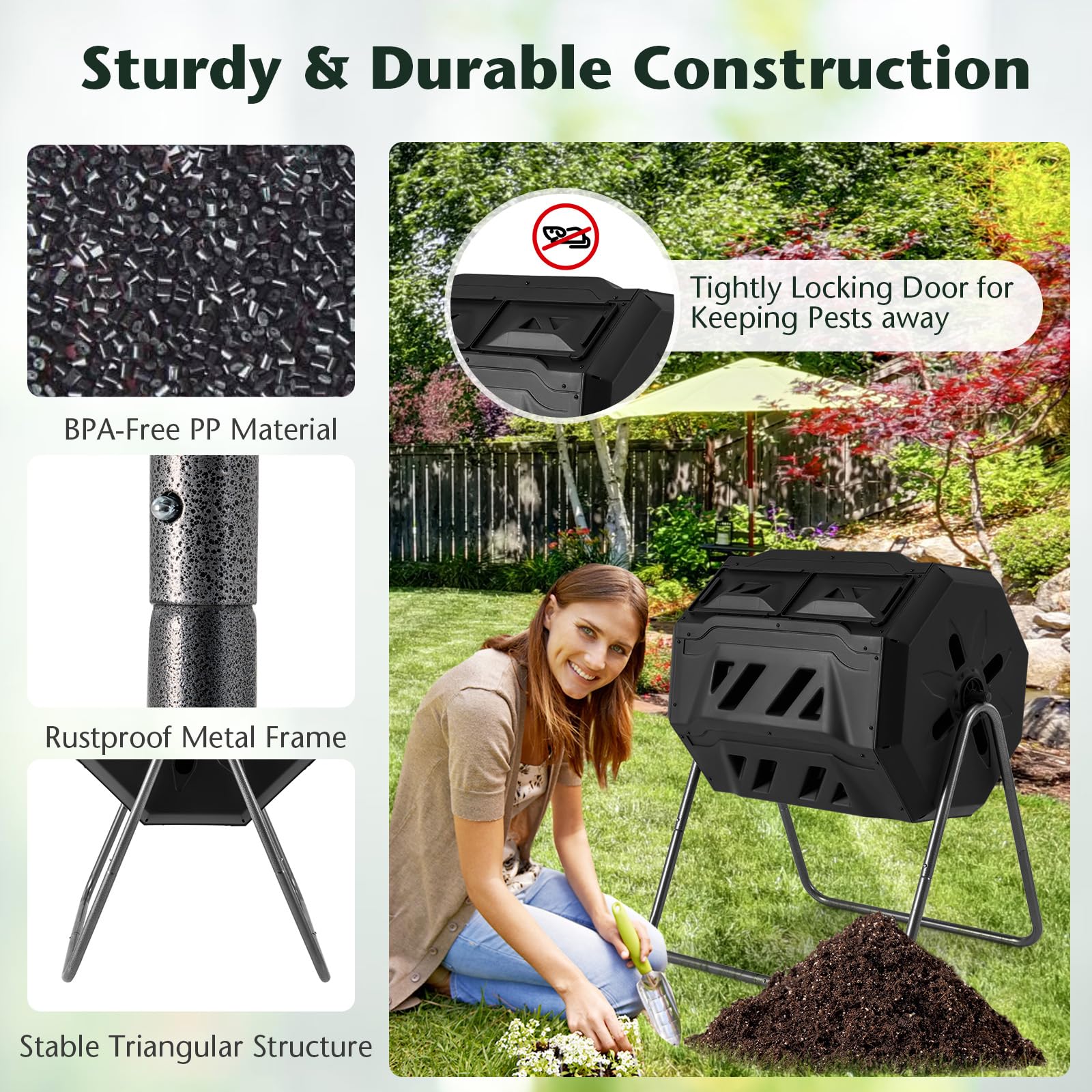 Compost Bin, 42-Gal Dual Chamber Composting Tumbler w/2 Sliding Doors, Heavy-Duty Metal Frame