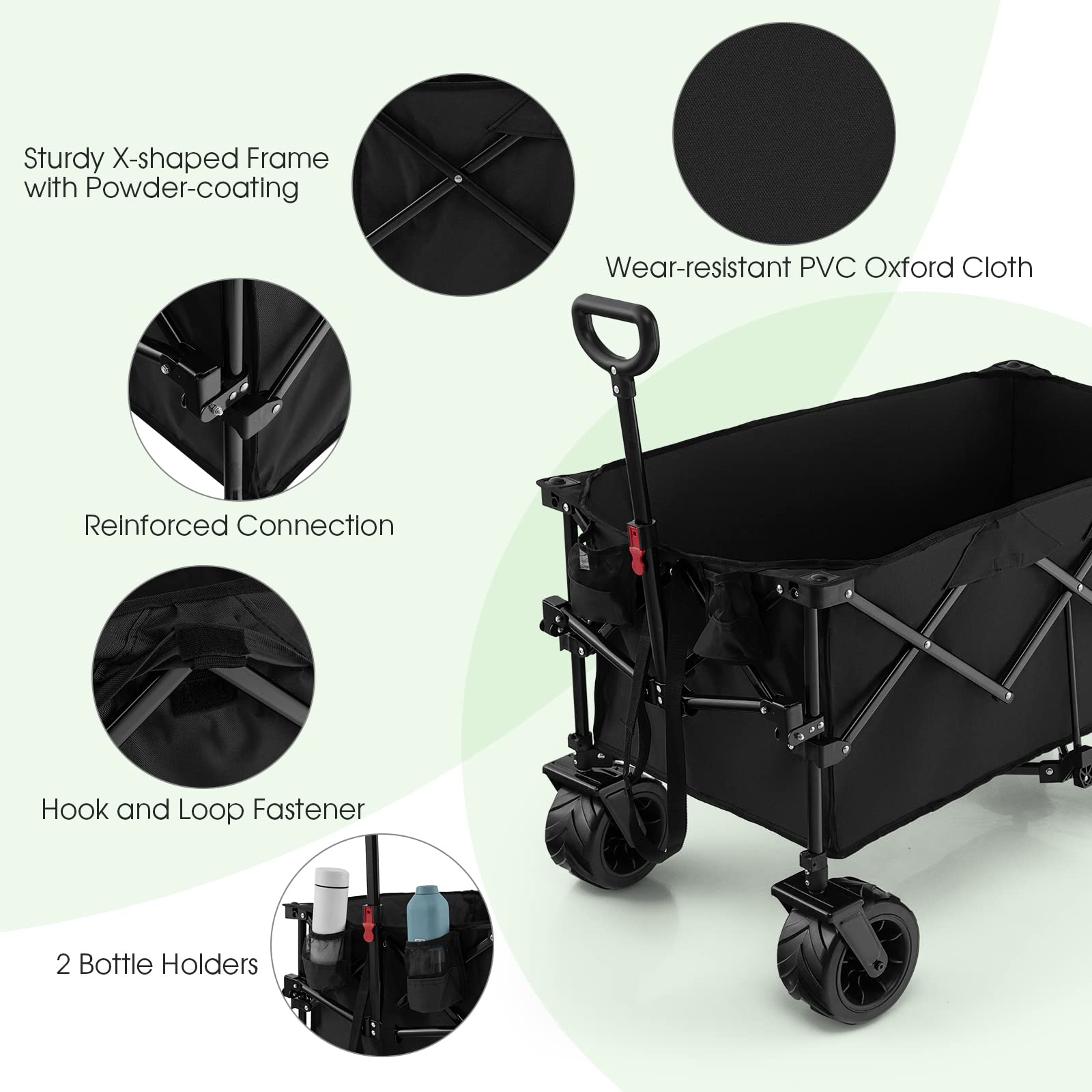 Collapsible Wagon Cart, Foldable Heavy Duty Utility Wagon with Adjustable Handle