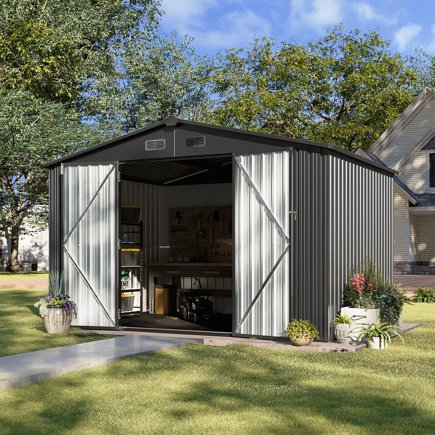 5x2.7 FT Outdoor Metal Storage Shed - Durable Water-Resistant Galvanized Steel, Sloping Roof Design, Lockable Door - Ideal for Tool Storage on Lawn, Patio & Backyard (Black)