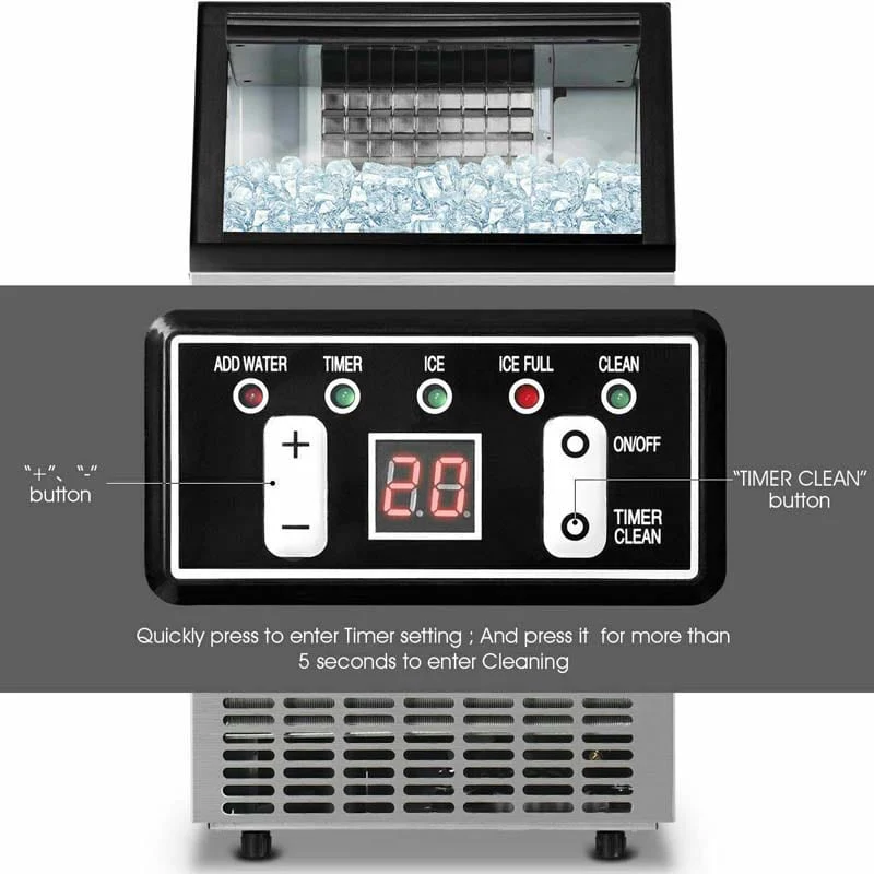 110LBS/24H Commercial Ice Maker with 33LBS Storage Capacity, Free-Standing Ice Machine