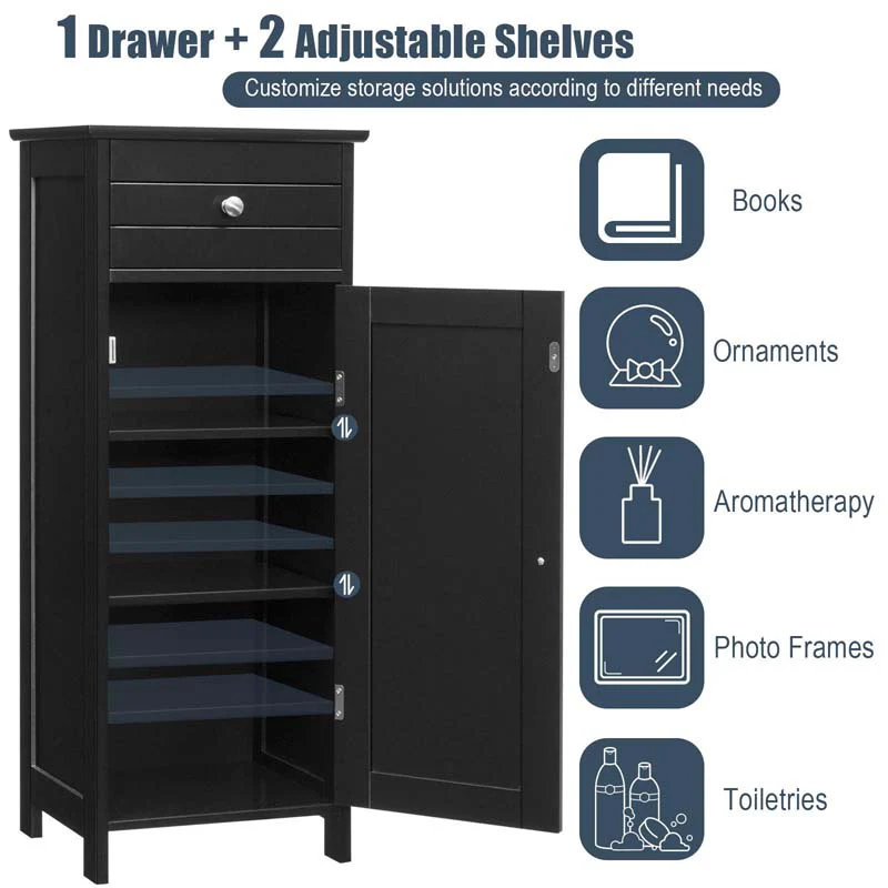 Free-Standing Wooden Floor Storage Cabinet w/Large Drawer & 2 Adjustable Shelves, Morden Side Storage Bathroom Organizer Cabinet