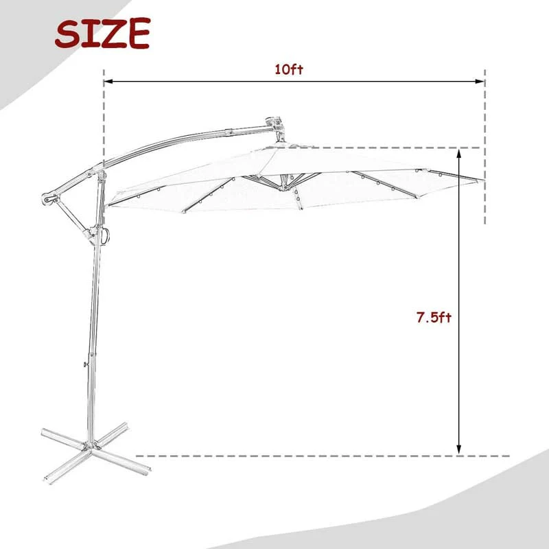 10 FT Patio Offset Umbrella with Solar Lights 360�� Rotation Outdoor Market Umbrella with Crank Handle & Cross Base