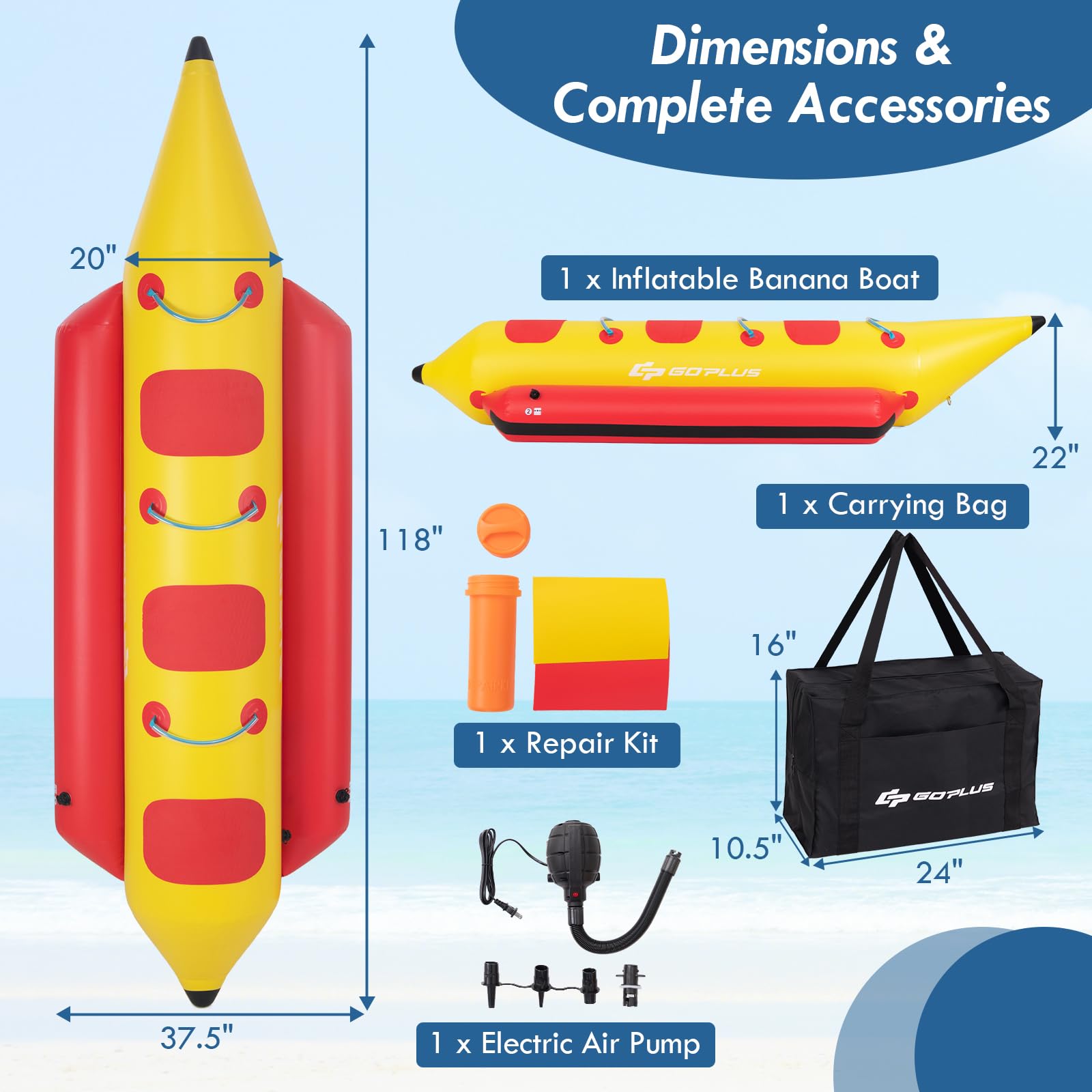 Inflatable Towable Tubes for Boating, 1-3 Rider Hot Dog Tube w/Electric Air Pump, Carrying Bag