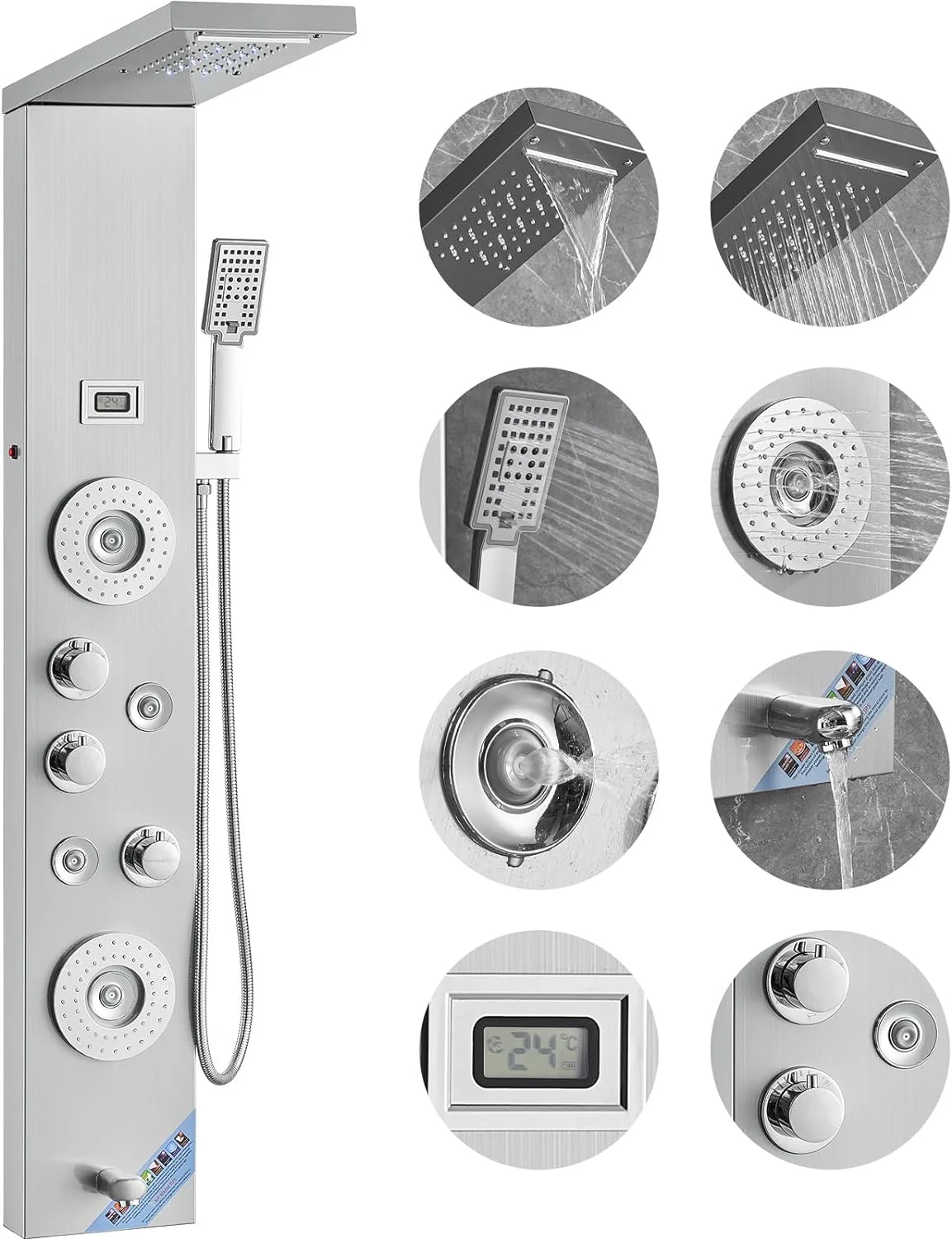 Shower Panel System, 6 Shower Modes, LED & Display Shower Panel Tower, Rainfall, Waterfall, 4 Body Massage Jets, Tub Spout, Handheld Shower Head 59