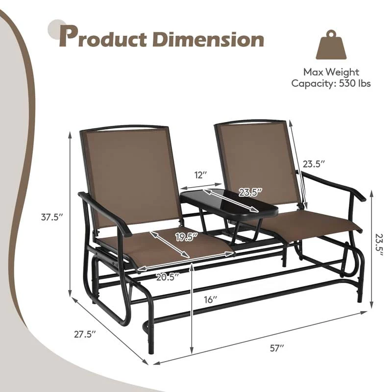 2-Person Outdoor Bench Glider Chair with Center Table, Mesh Fabric Rocking Loveseat for Patio