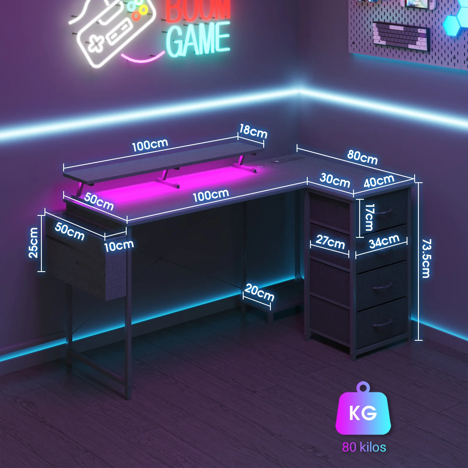 L Shaped Gaming Desk with LED Lights Black