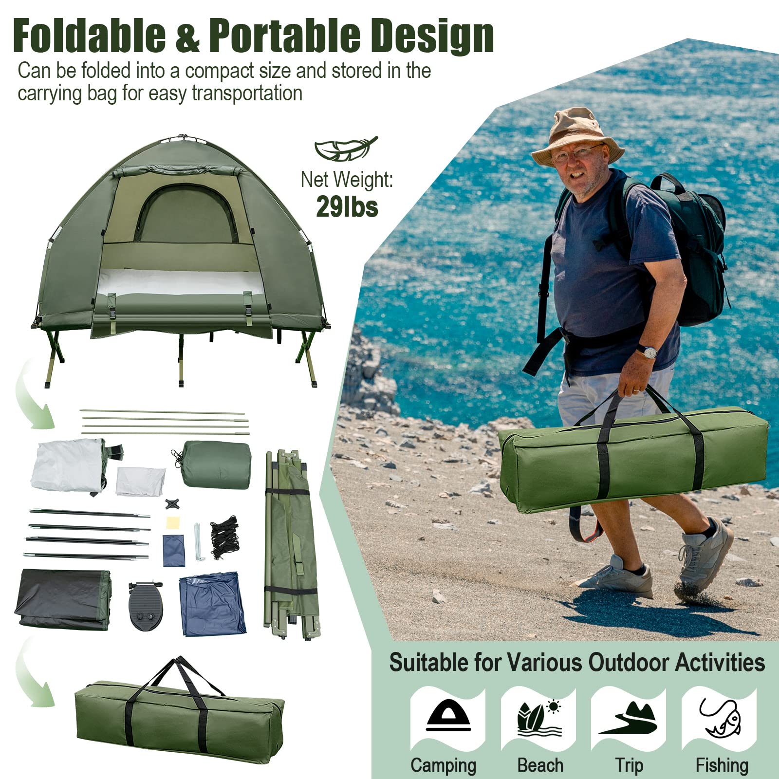Camping Tent Cot, 5-in-1 Folding Camping Bed with Air Mattress, Pillow, Sleeping Bag