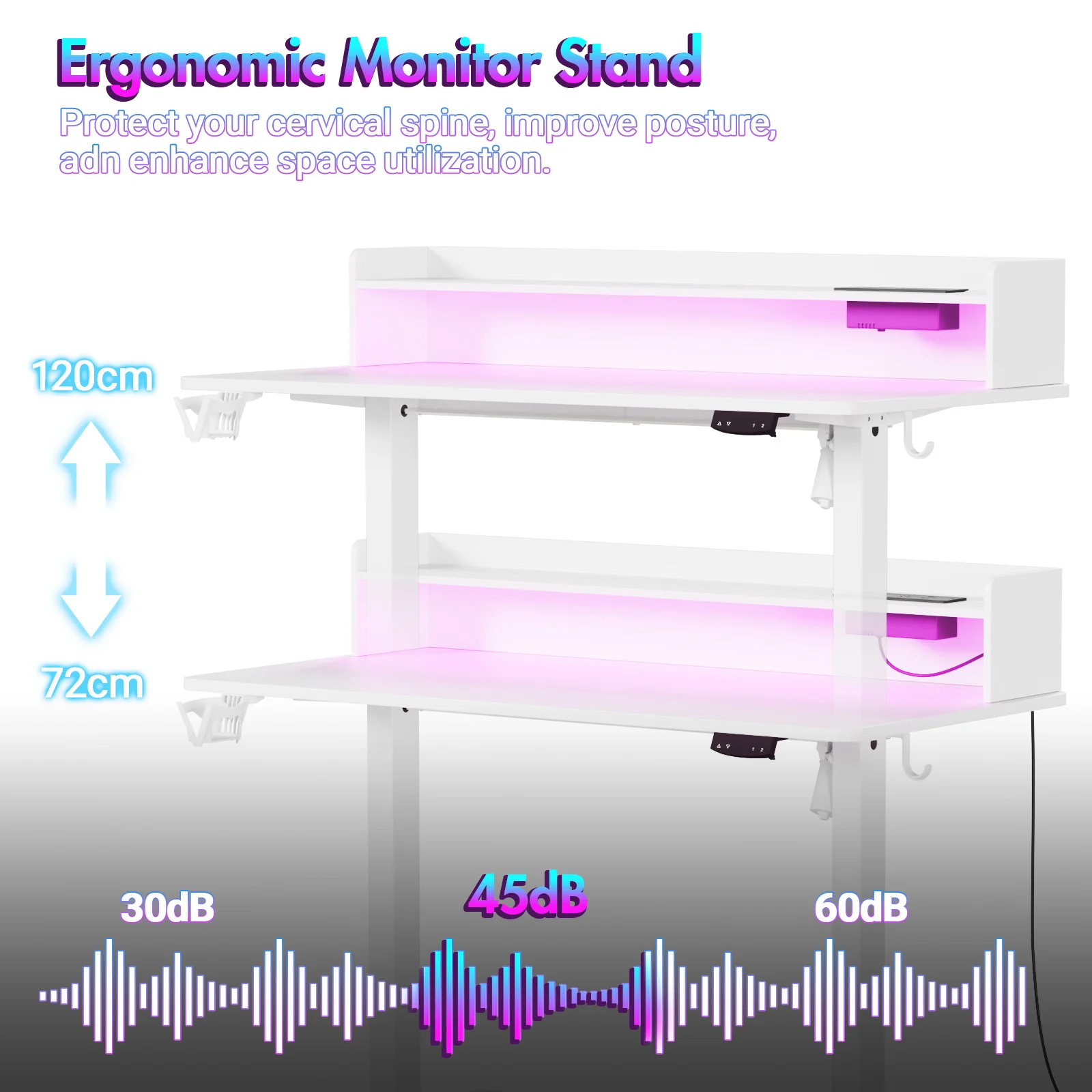 LED RGB Light Electric Standing Desk White