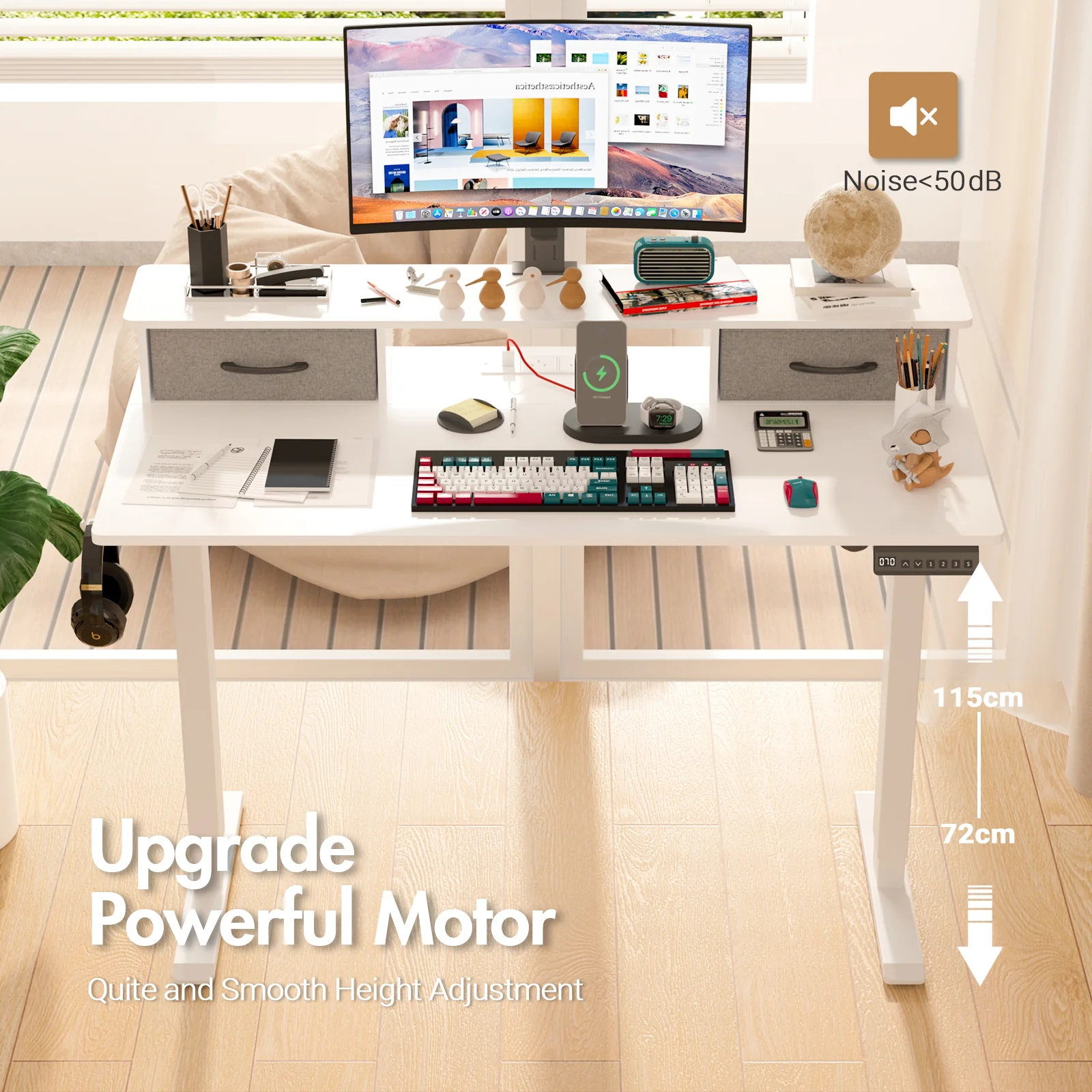 Electric Standing Desk with Monitor Stand  White