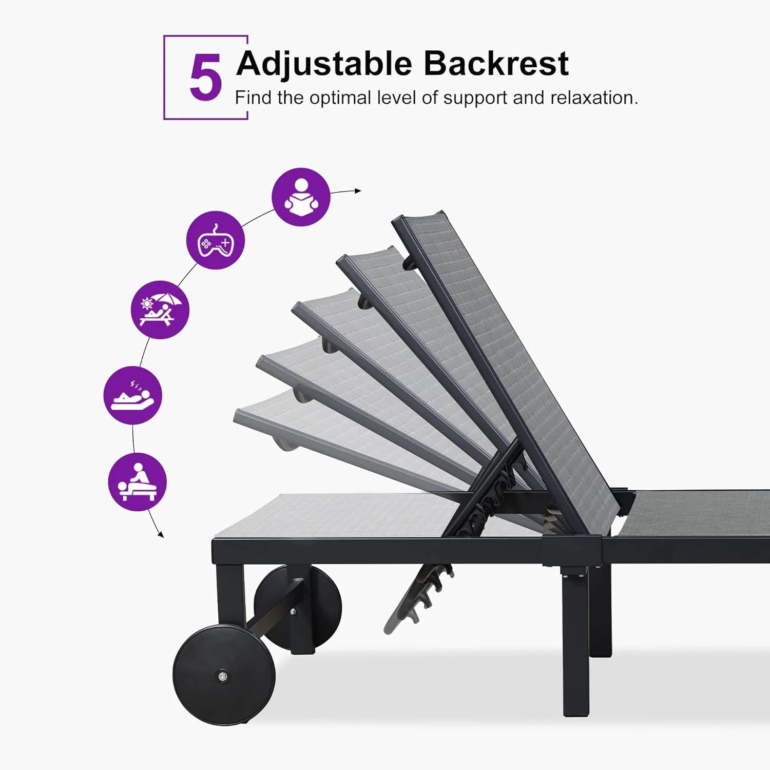 PURPLE LEAF Patio Tanning Lounge Chair Set with Face Down Hole Outdoor Aluminum Adjustable Reclining Chairs Wheels Pillows and Table for Poolside Beach Sunbathing Lounger, Beige