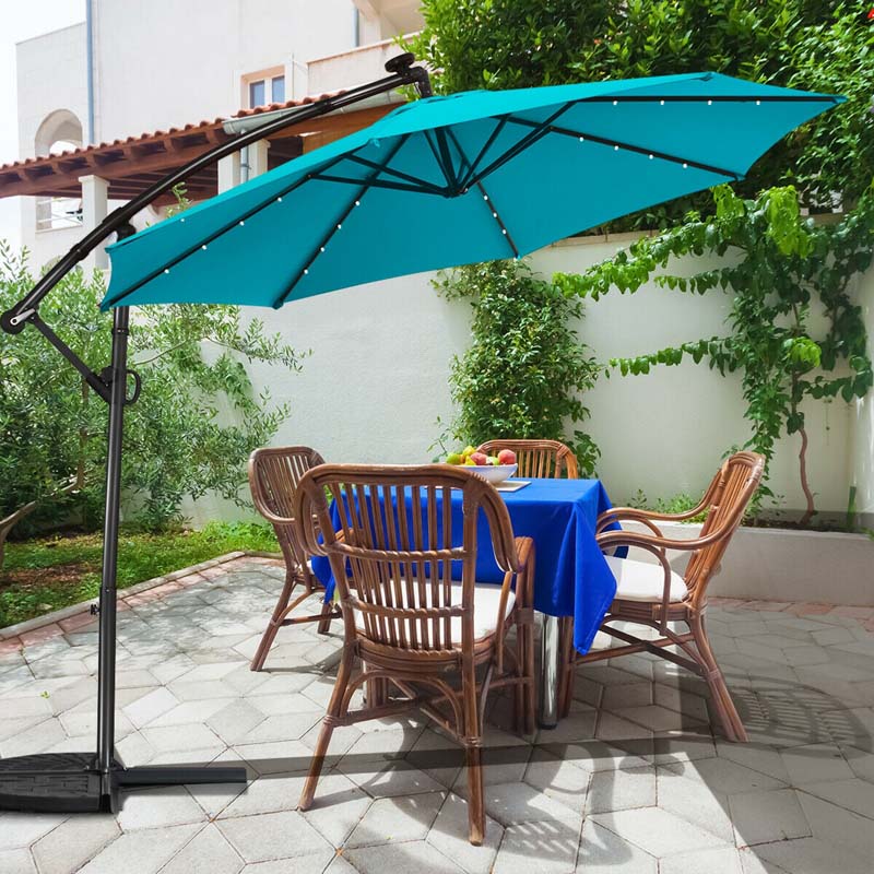 10 FT Patio Offset Umbrella with Solar Lights 360�� Rotation Outdoor Market Umbrella with Crank Handle & Cross Base