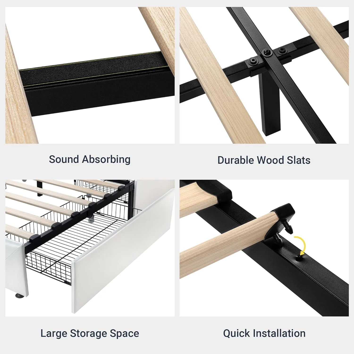 Allewie Upholstered Queen Size Platform Bed Frame with 4 Storage Drawers and Headboard, Square Stitched Button Tufted, Mattress Foundation with Wooden Slats Support, No Box Spring Needed, Light Grey