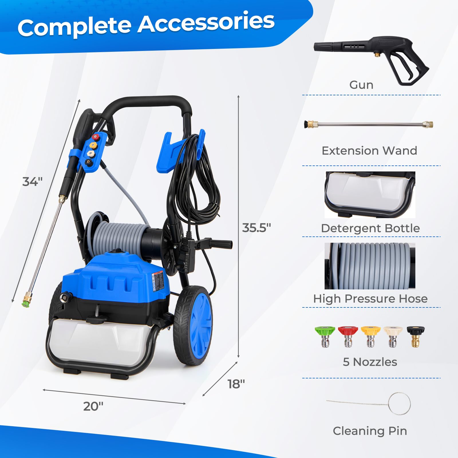 Electric Pressure Washer, 2300 PSI 1.8 GPM High Pressure Power Washer w/Wheels, 5 Quick Connect Nozzles