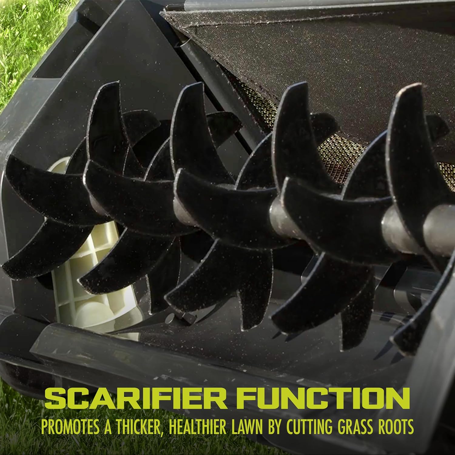 AJ805E 15-Inch 13-Amp Electric Dethatcher and Scarifier w/Removeable 13.2-Gal Collection Bag, 5-Position Height Adjustment, Airboost Technology Increases Lawn Health, Green