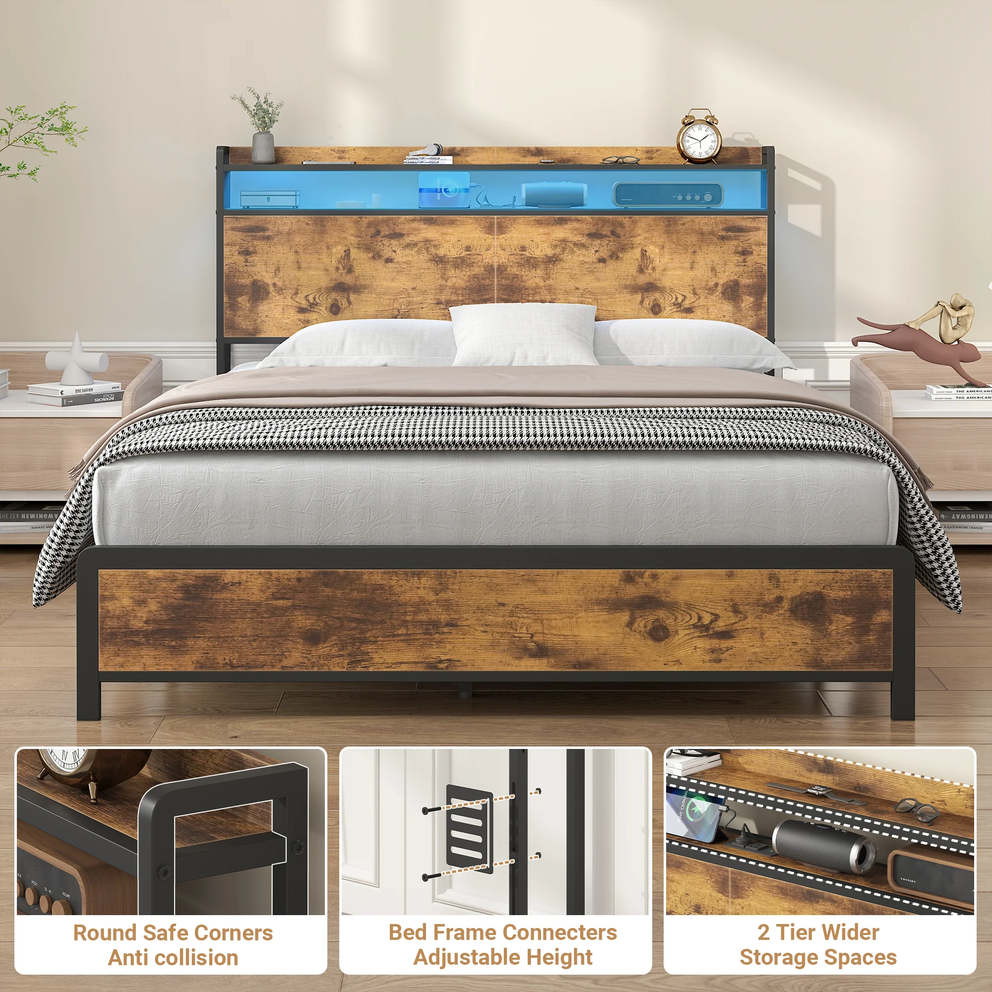 Storage Headboard with LED Light Charging Station