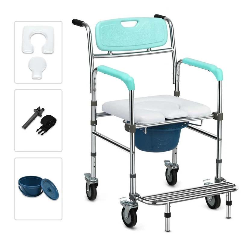 4 in 1 Bedside Commode Chair Transport Shower Wheelchair Toilet Chair with Folding Pedal