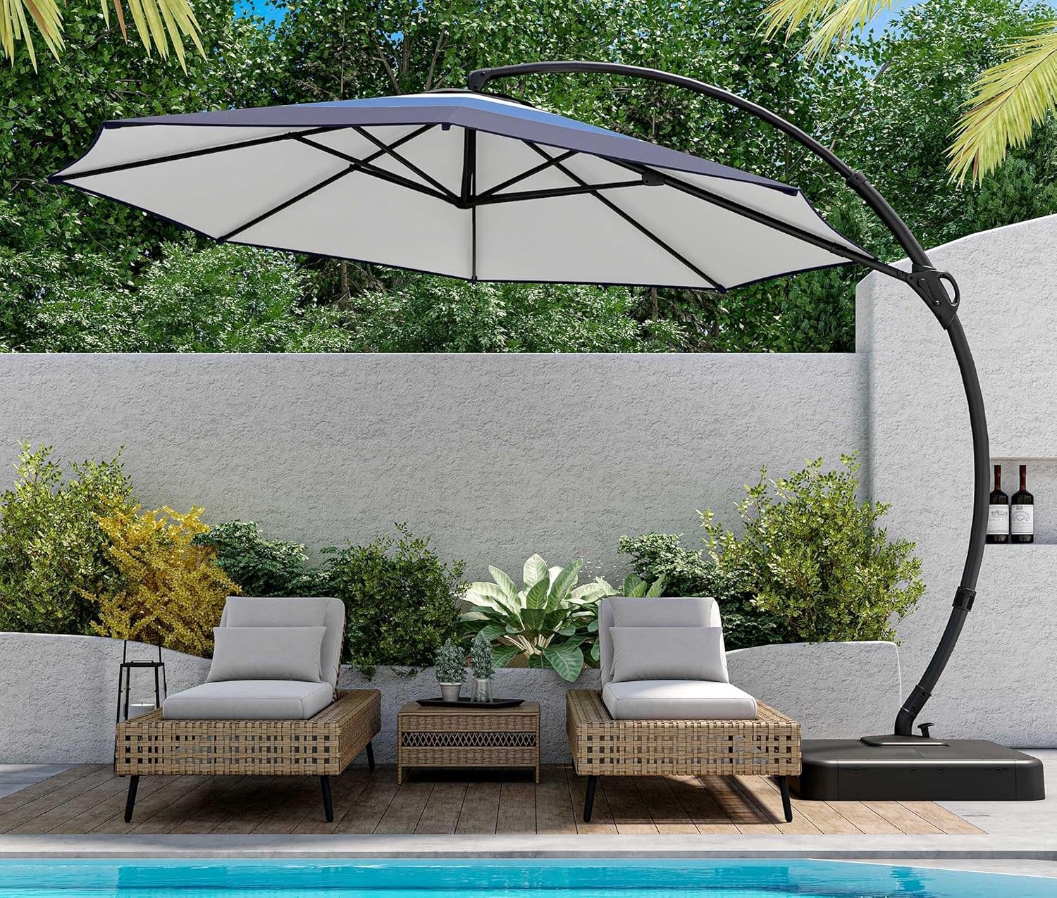 LAUSAINT HOME Outdoor Patio Umbrella with Base included, 11 FT Deluxe Curvy Cantilever Umbrella Heavy Duty Offset Hanging Umbrella with 360�� Rotation for Market, Pool, Garden, Backyard, Deck (Beige)