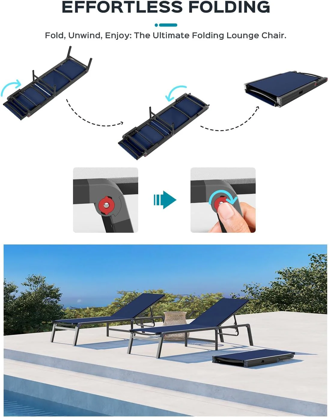 Aluminum Chaise Lounge Ourdoor - Foldable & Assemble Free Outdoor Lounge Chair with 5 Adjustable Backrest, Patio Lounge Chair for Outside Poolside Beach Pool, Black