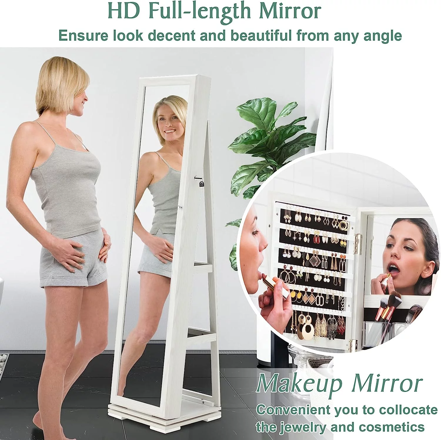 Dextrus 360�� Swivel Jewelry Cabinet, Lockable Standing Jewelry Armoire with Full-Length Mirror, Rear Storage Shelves, White