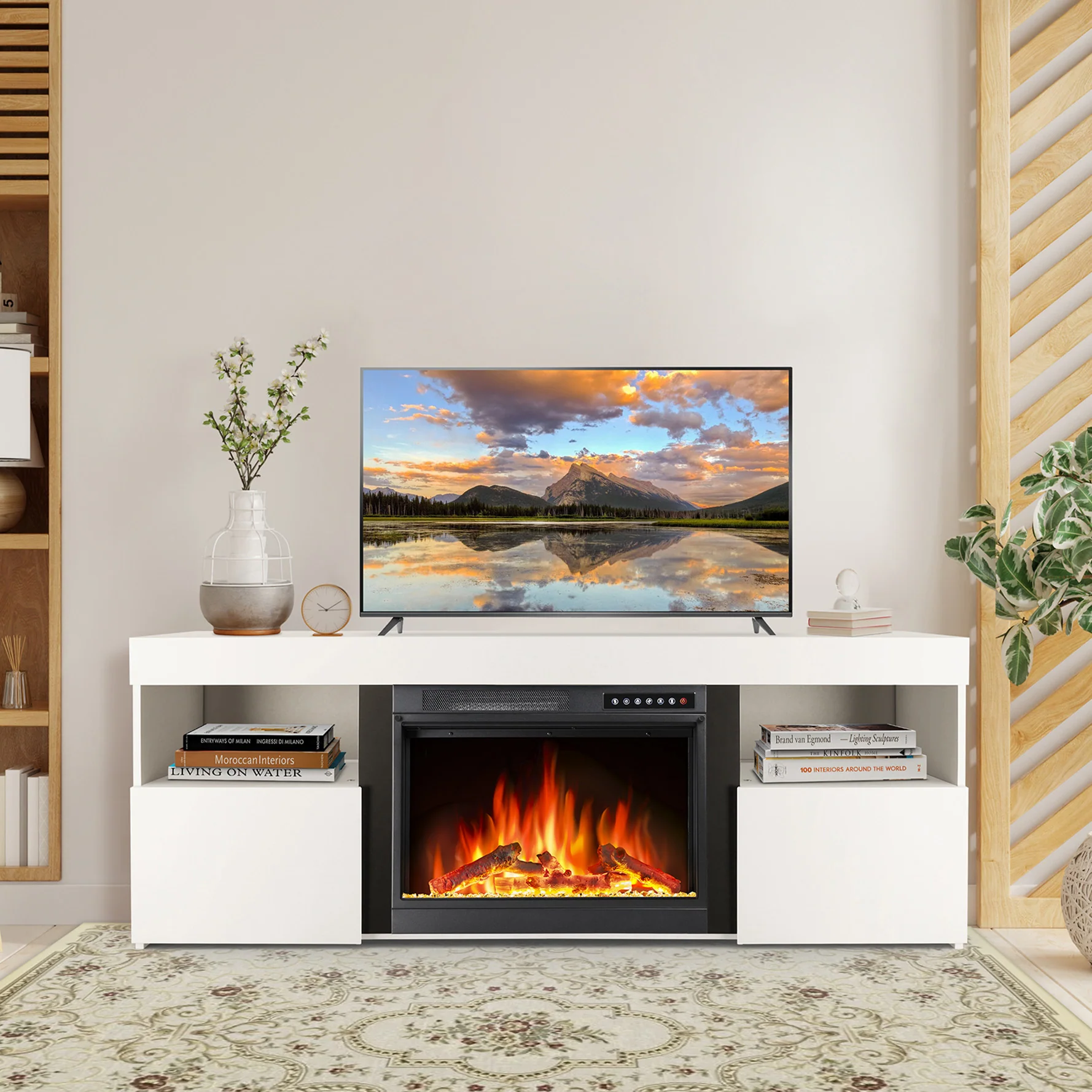 60'' Fireplace TV Stand Mantel Shelf Wooden Surround Fireplace Freestanding