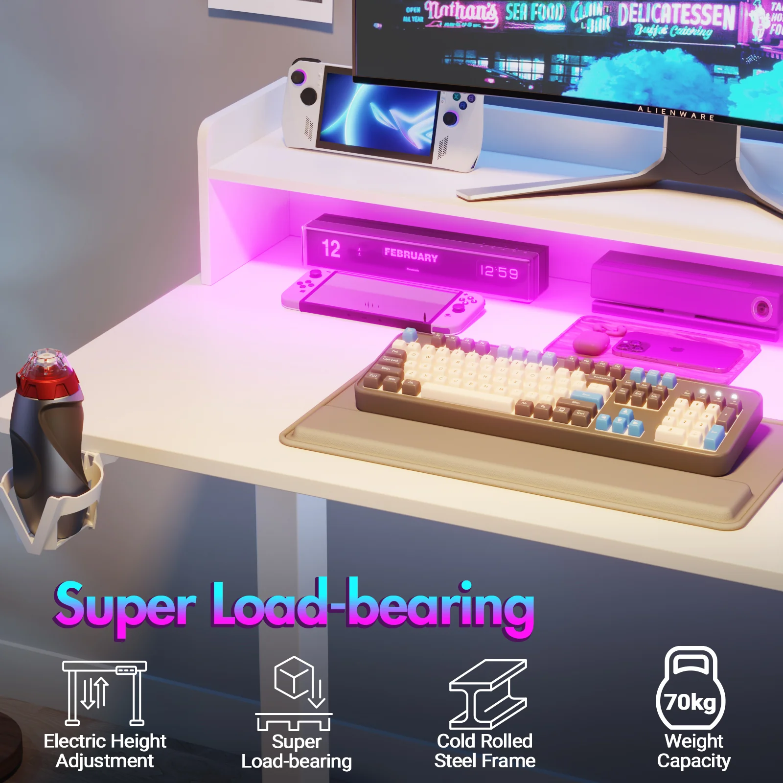 LED RGB Light Electric Standing Desk White