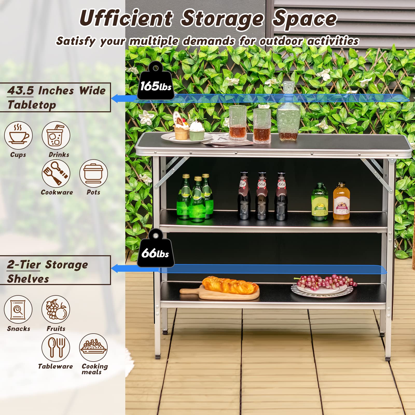 Goplus Folding Camping Table, Aluminum Portable Pop-Up Bar Table with 2-Tier Storage Shelves