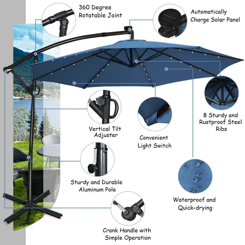 10 FT Patio Offset Umbrella with Solar Lights 360�� Rotation Outdoor Market Umbrella with Crank Handle & Cross Base