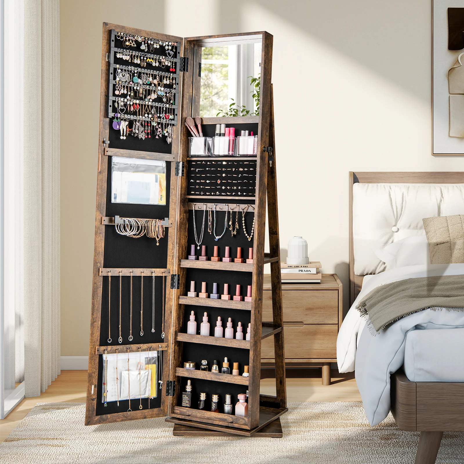 360?? Swivel Jewelry Armoire, Standing Jewelry Organizer with Full Length Mirror