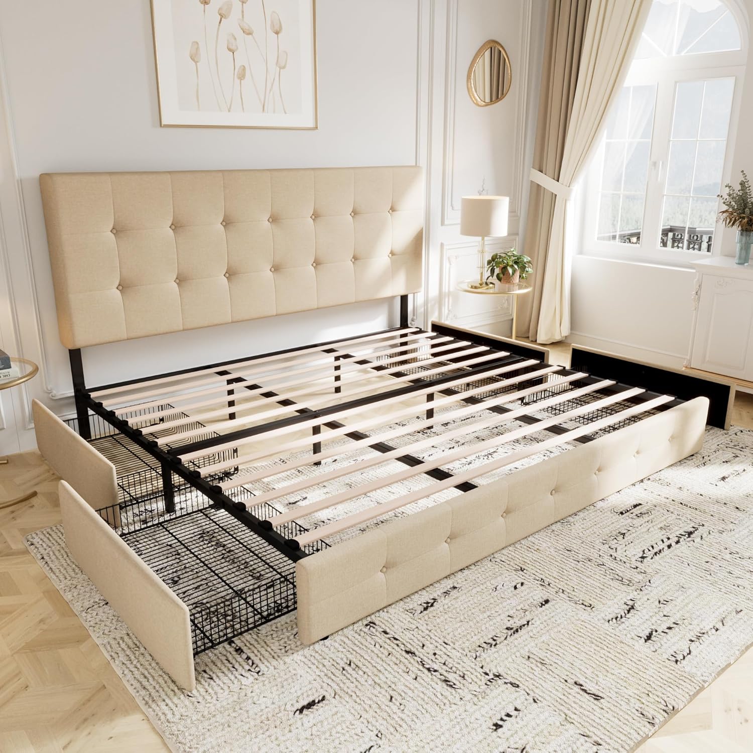 Upholstered Queen Size Platform Bed Frame with 4 Storage Drawers and Headboard, Square Stitched Button Tufted, Mattress Foundation with Wooden Slats Support, No Box Spring Needed, Light Grey