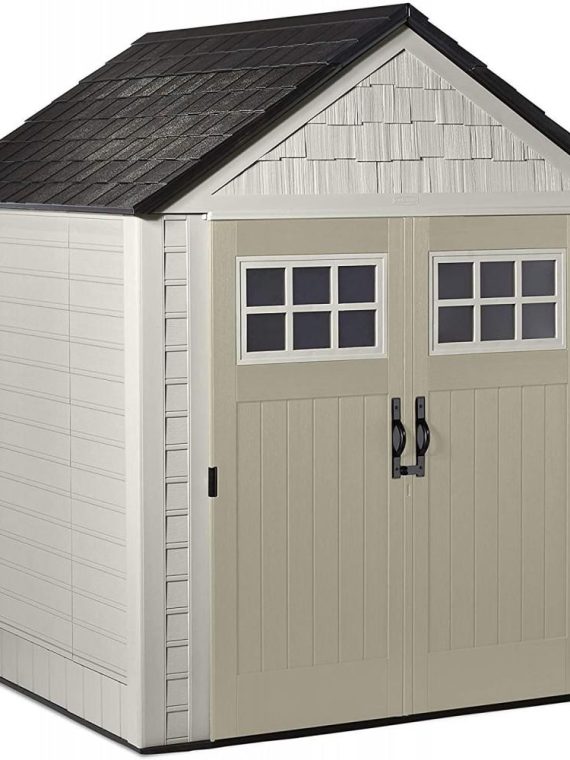 Rubbermaid 7��7 Ft Durable Weather Resistant Resin Outdoor Garden Storage Shed with Windows and Utility Hooks, Sand