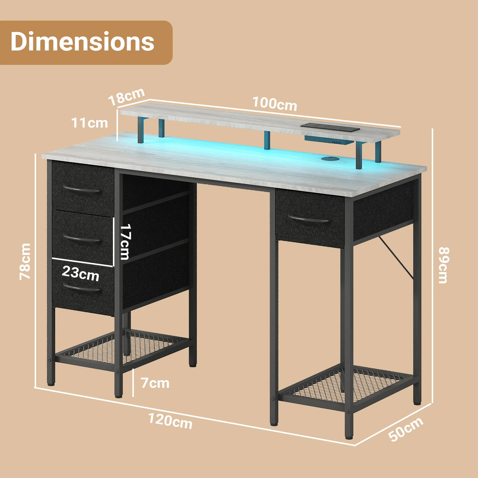 Gaming Desk with LED Lights with Monitor Stand 120cm