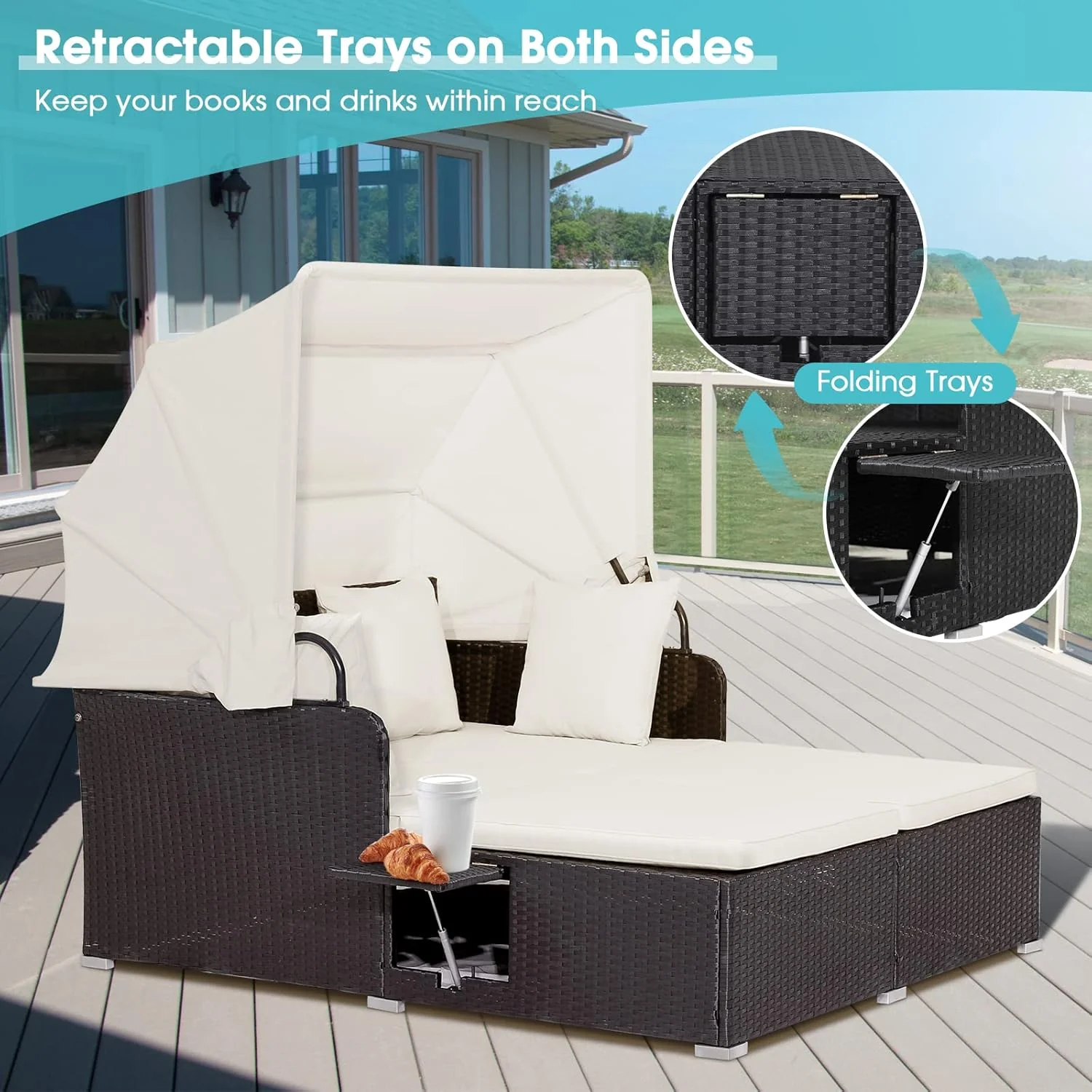 RELAX4LIFE Patio Outdoor Daybed with Canopy, Wicker Sunbed w/Cushions, 4 Pillows & 2 Retractable Side Trays, 2-Person Lounge Bed Conversation for Poolside Porch Garden, Rattan Outdoor Bed (Turquoise)