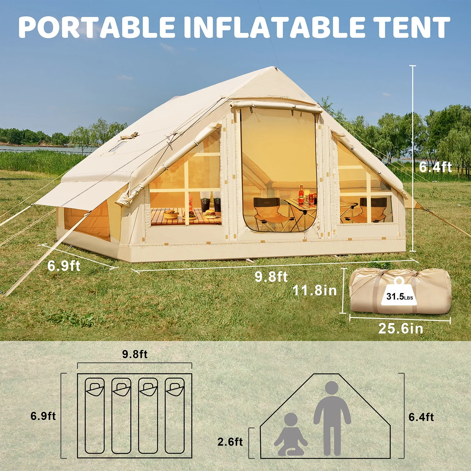 6 Person Inflatable Camping Tent with Pump, 10ft x7ft Glamping Family Tent Easy Setup 4 Season Waterproof Windproof Outdoor Blow Up Tent Luxury Oxford Cabin with Mesh Windows & Doors sgtnighsdesigns