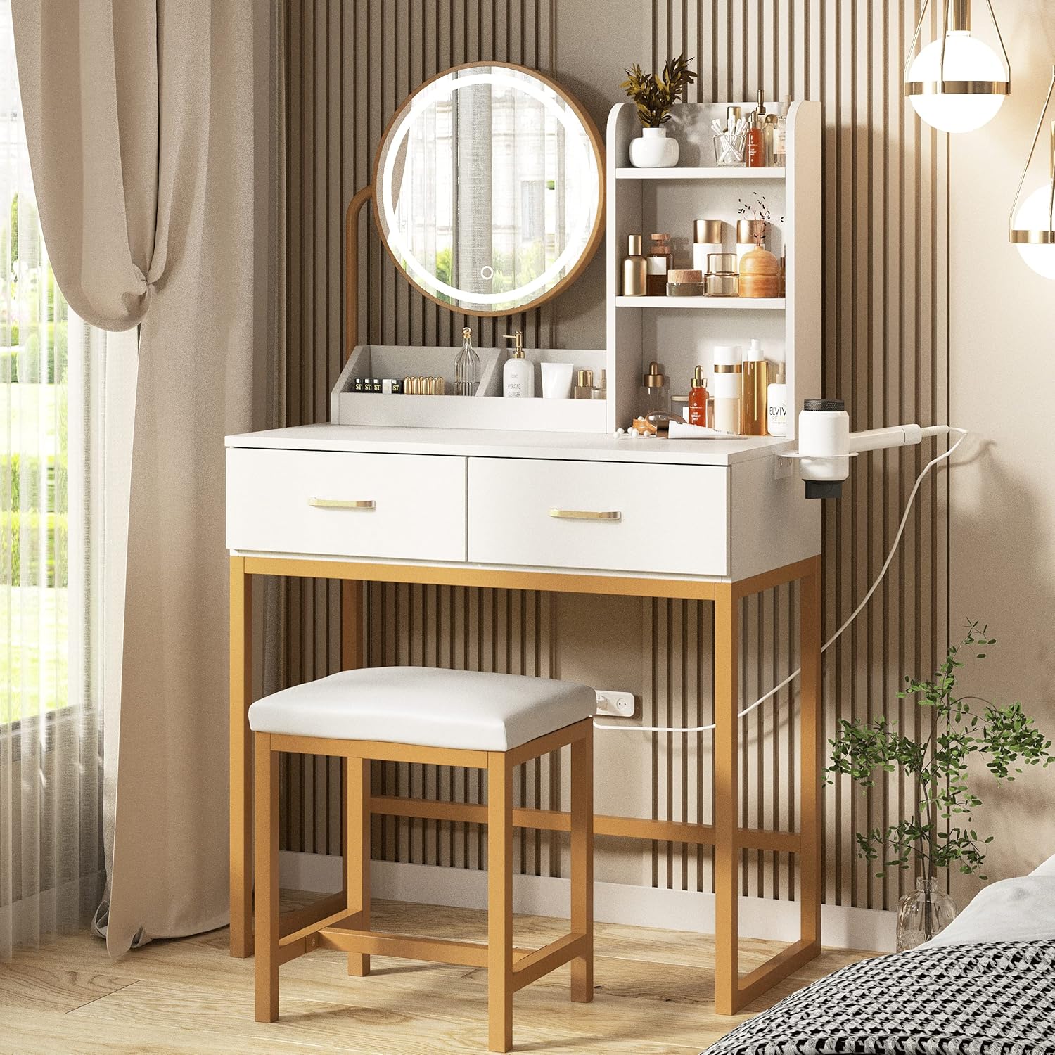 Dressing Table Set with Power Outlet White & Golden