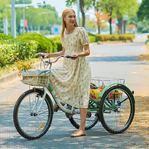 Viribus Adult Tricycle 7-Speed, 24��� Wheels, High Carbon Steel Frame, Front & Rear Baskets, Adjustable Saddle