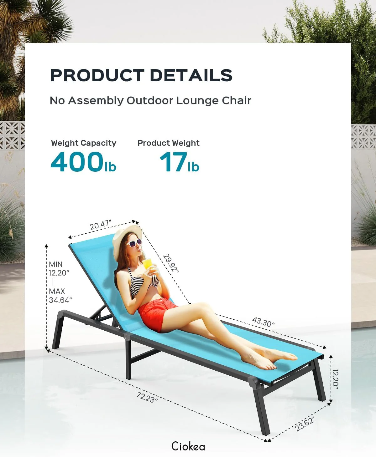Aluminum Chaise Lounge Ourdoor - Foldable & Assemble Free Outdoor Lounge Chair with 5 Adjustable Backrest, Patio Lounge Chair for Outside Poolside Beach Pool, Black