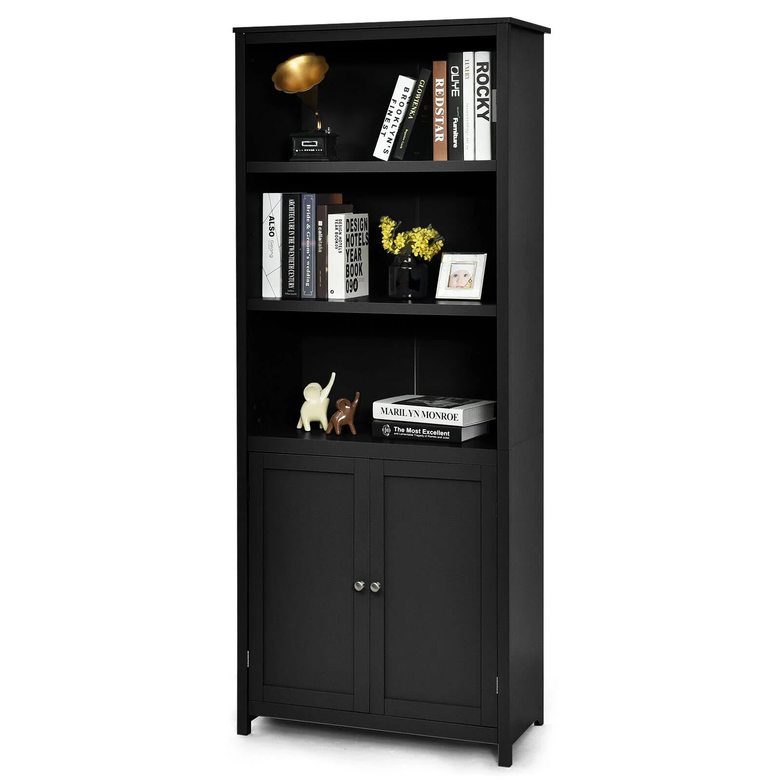 Giantex 182CM Bookcase with Doors, 3 Tier Open Book Shelving, Standing Wooden Display Bookcase